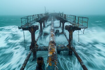 Stormy Seascape with Abandoned Weathered Metal Pier Amidst Turbulent Ocean Waves - obrazy, fototapety, plakaty