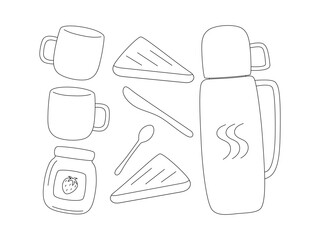 Outline vector elements for picnic, camping and hiking. Travel thermos with hot drink and mugs. Toast, slices of bread and jar of strawberry jam. Set of linear objects isolated on white background
