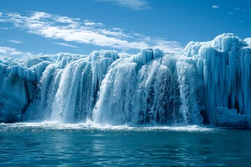 Majestic Frozen Waterfall Cascading into Glacial Lake with Intense Blue Ice Formations