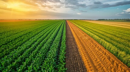 Majestic Sunset Over Vibrant Agricultural Fields with Contrasting Crop Rows Under a Dynamic Sky - obrazy, fototapety, plakaty