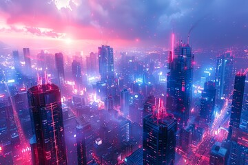 Futuristic Cityscape with Glowing Neon Lights and Cyberpunk Aesthetics in Dusk Atmosphere