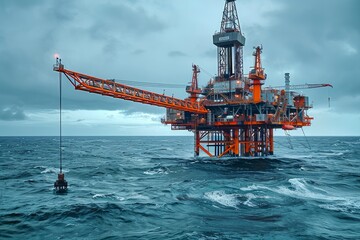 Vast Ocean View with Offshore Drilling Platform under Stormy Sky, Industrial Maritime Oil Extraction