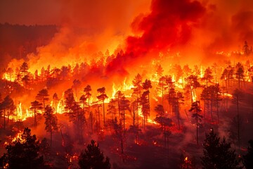 Intense Wildfire Consuming Forest at Dusk, Vibrant Flames Engulfing Trees, Nature's Fury Unleashed in Fiery Scene