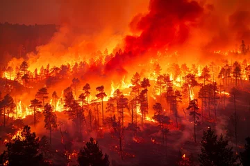 Schilderijen op glas Intense Wildfire Consuming Forest at Dusk, Vibrant Flames Engulfing Trees, Nature's Fury Unleashed in Fiery Scene © pisan