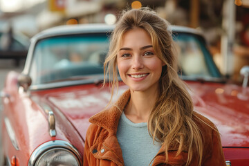 Smiling woman standing at vintage car
