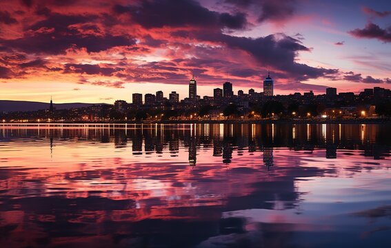 a city at dusk reflecting in a body of water, in the style of sparse use of color, impressive panoramas, impressive skies, neo-classicist symmetry, ultraviolet photography, color photography