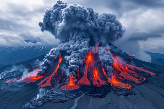 Majestic Volcanic Eruption Captured with Lava Flows and Ash Plume Against Stormy Skies