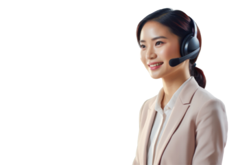 Isolated smiling young Asian woman operator working with headsets and desktop computer at telemarketing customer service, call center on transparent background. Contact or talking with customer