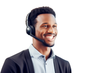 Isolated smiling afro american man operator working with headsets and desktop computer at telemarketing customer service, call center on transparent background. Contact or talking with customer