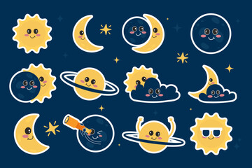 Set of kawaii stickers solar eclipse elements in flat style
