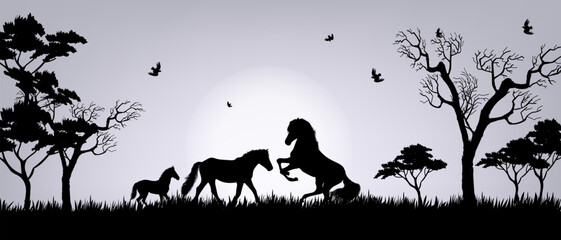 Silhouette horses  with trees and grass at forest view landscape vector illustration background.