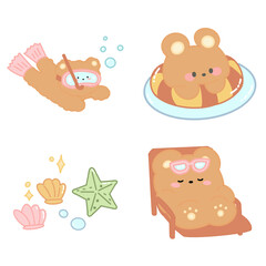 Set of Animal Sticker, Cute Bear Illustration, Swimming Clipart, Beach Icons, Summer Vectors, Diving Doodle, Shells Starfish Doodle, Sunbathe Hand Drawn