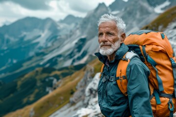 Senior Mountaineer with Backpack Trekking in Breathtaking Mountain Landscape, Experienced Hiker Exploring Wilderness