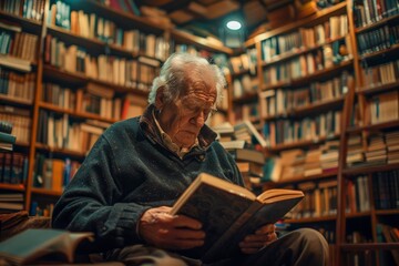 Elderly Man Reading a Book in a Cozy Room Surrounded by Shelves Full of Books, Warm Tone Illumination, Knowledge and Learning Concept
