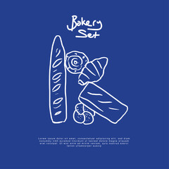 Bakery and patisserie set. Cafe and patisserie poster.
Hand drawn cake, croissant, baguette vector illustration.