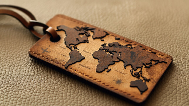 Kofferanh&auml;nger aus Leder mit Weltkarte Symbol f&uuml;r Weltreise Generative AI