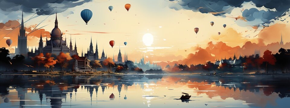 a colorful balloon with an image of water and buildings, in the style of religious building, art, spectacular backdrops, white and navy, panoramic scale