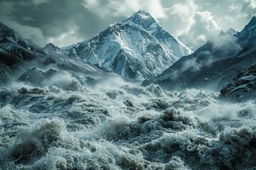 Majestic Snow-Capped Mountain Peak Amidst Raging River Flow with Misty Fog in a Scenic Landscape Photograph for Wall Art or Background Use - obrazy, fototapety, plakaty