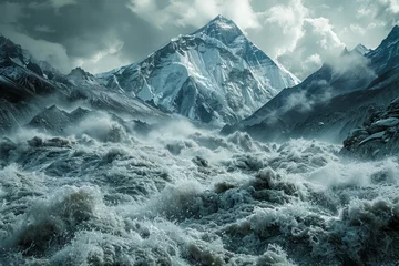 Foto op Canvas Majestic Snow-Capped Mountain Peak Amidst Raging River Flow with Misty Fog in a Scenic Landscape Photograph for Wall Art or Background Use © pisan