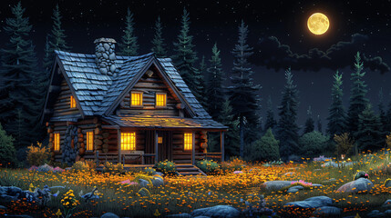 Forest night with full moon and house.