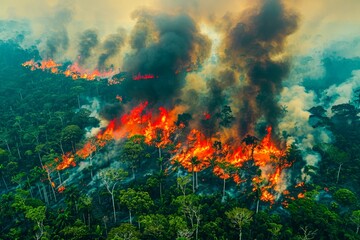 Obraz na płótnie Canvas Aerial View of Devastating Forest Fire Engulfing Tropical Rainforest with Intense Flames and Smoke