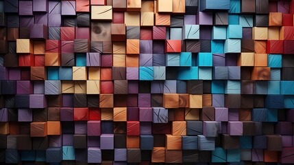 a colorful wall of wood is behind a screen, in the style of colorful cubist, chalk, bold chromaticity, matte background, quadratura, carved wood blocks, brightly colored - obrazy, fototapety, plakaty