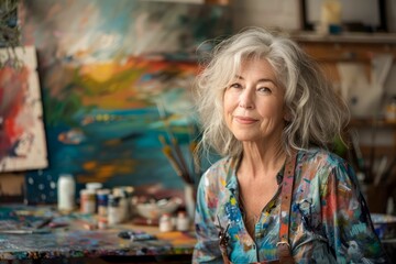 Senior Female Artist Smiling in Art Studio Surrounded by Paint Supplies and Colorful Artwork