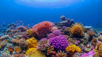 Naklejka na ściany i meble Vibrant Coral Reef Ecosystem Teeming with Marine Life in Serene Underwater Landscape