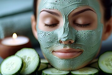 Young woman with a rejuvenating cucumber mask, embodying natural skincare and relaxation