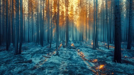 Mystical Sunrise Peeking Through Dense Forest Trees with Morning Mist and Ethereal Light Rays on Ground - obrazy, fototapety, plakaty