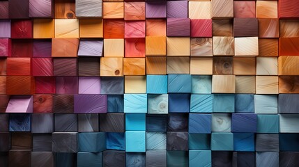 a colorful wooden wall stock photo, in the style of mixed, flat color blocks, wood veneer mosaics, color photography, focus stacking, contemporary candy-coated