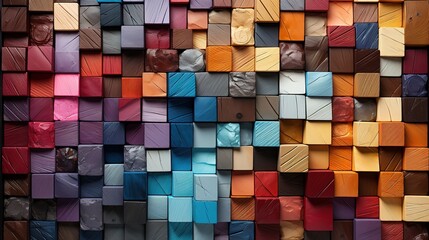 a colorful wooden wall stock photo, in the style of mixed, flat color blocks, wood veneer mosaics, color photography, focus stacking, contemporary candy-coated
