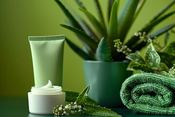 Organic skincare tube on a backdrop of aloe vera and succulents, symbolizing natural wellness