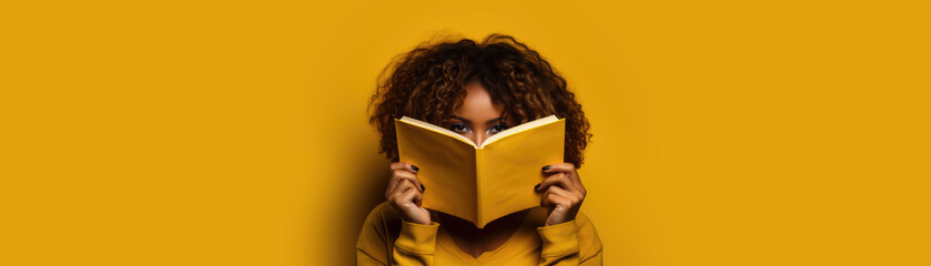 Young beautiful curly brunette black student woman with book in her hands and looking at camera on yellow background. Horizontal banner. Copyspace for text. Concept reading, learning, education, novel - obrazy, fototapety, plakaty