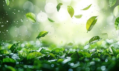 Fresh green tea leaves falling on white background