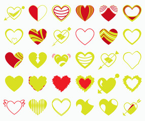 Red heart icons collection. Different styles of hearts set. Red heart symbol for Valentines Day. Design red heart shapes set.