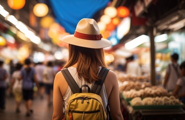 Woman traveler with backpack and hat sightseeing through the streets and street food stall markets
