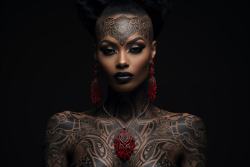 Close-up of a black woman's face featuring intricate traditional and contemporary styled facial tattoos.