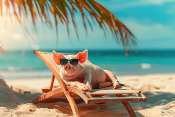 World Pig Day. A happy pig lies on the beach on a sun lounger. Holidays on tropical islands. Travel and tourism concept.