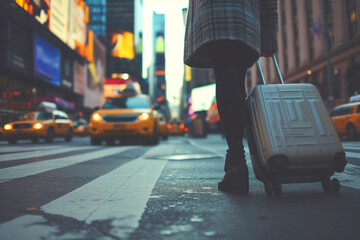 Woman taking step on New York City street while carrying suitcase Generative AI