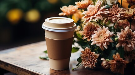 Coffee to go banner. Disposable eco - friendly cardboard cup on a natural coffee beans with flowers and copy space.