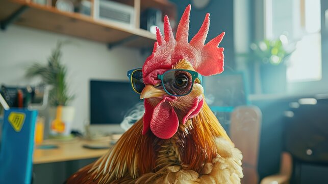 Fashionable chicken in glasses posing in an office environment. Fun and creative animal concept with personality