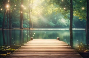 Wooden pier in a quiet forest by the lake