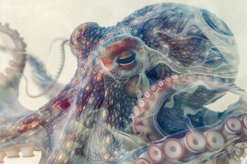 A close-up of an octopus overlaid with the swirling patterns of ocean currents in a double exposure