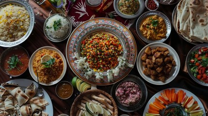 Fototapeta na wymiar Festive Table Laden with Traditional Delicacies Celebrating Ramadan