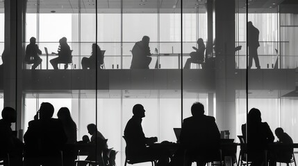 Silhouettes of people in a multi-story office building, work life and corporate environment concept