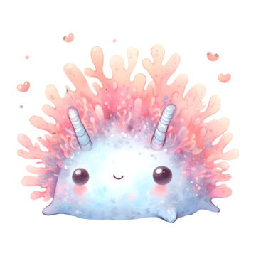 recommend clip art: Watercolor sea animal Character cute nudibranch isolated with smile face. deep sea animal watercolor illustration.
