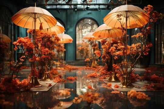 a decorative collection of handwoven umbrellas with flowers depicting some of oriental culture, in the style of light amber, watercolor, spectacular backdrops, luminous colors
