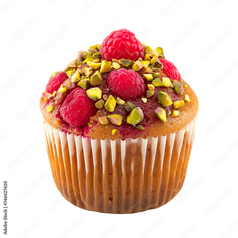 Wall mural front view of single raspberry pistachio muffin isolated on a white transparent background