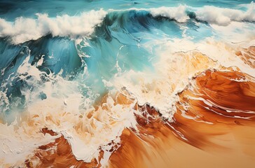 a drone shot of a beach with a sandy beach and waves, in the style of light amber and emerald, themes, i can't believe how beautiful this is, light amber and beige, impressionist sensibilities - obrazy, fototapety, plakaty